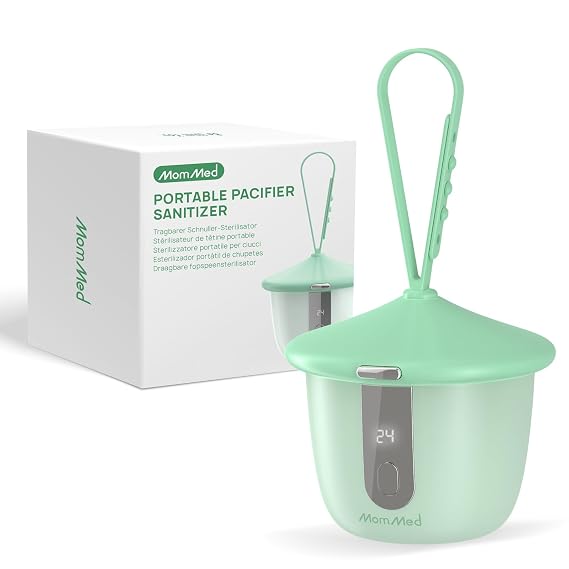 MomMed Portable Pacifier Sanitizer with Smart Display, Dual 60/180s Disinfection Modes, Auto Shut-Off, UV Pacifier Holder Case for Baby Pacifiers, Teethers, Bottle Nipples and More(Green)
