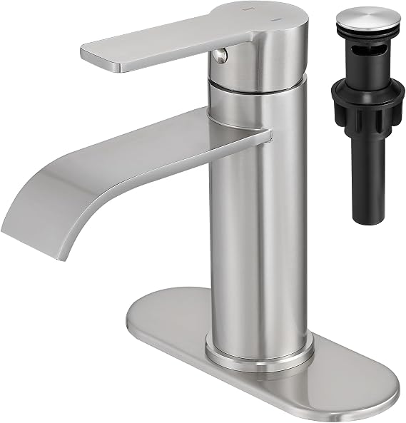 VOTON Bathroom Faucet Brushed Nickel Waterfall with Drain & Deck Plate
