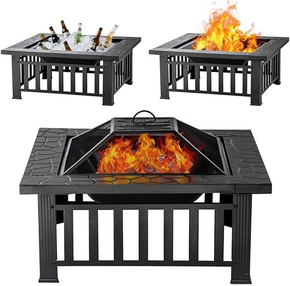 Panovue Fire Pit Table 32 Inch Square Metal Stove for Patio, Backyard | Wood Burning Fire Pits for Outside, Multifunctional Outdoor Fireplace for Camping, Heating, Bonfire & Picnic