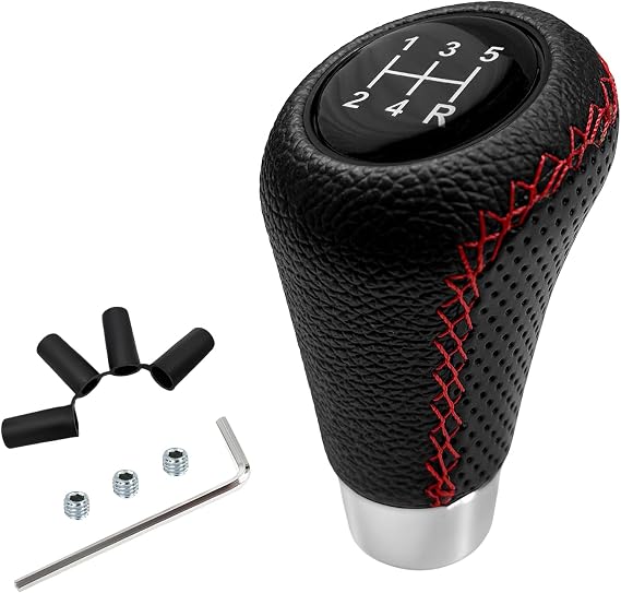 5 Speed Car Gear Shift Knob, Leather Broken Shifter Knobs Replacement with 4 Adaptive Parts, Non-Slip Manual Transmission Shifting Knob Interior Accessories for Most Vehicles (Red)