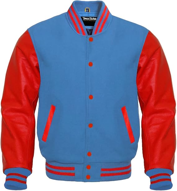 Luxury Letterman Sky Wool Jacket with Red Leather Sleeves Jacket
