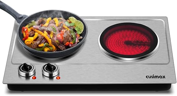 Double Burner, CUSIMAX 1800W Ceramic Electric Hot Plate for Cooking, Silver