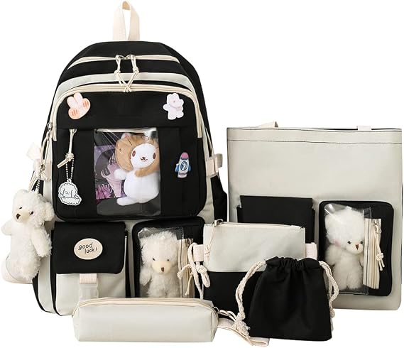 5Pcs Canvas School Backpack Combo Set, Kawaii School Backpacks for Girls Student Laptop Bookbags Cute Aesthetic Travel Backpack (Black), 43x30x13cm