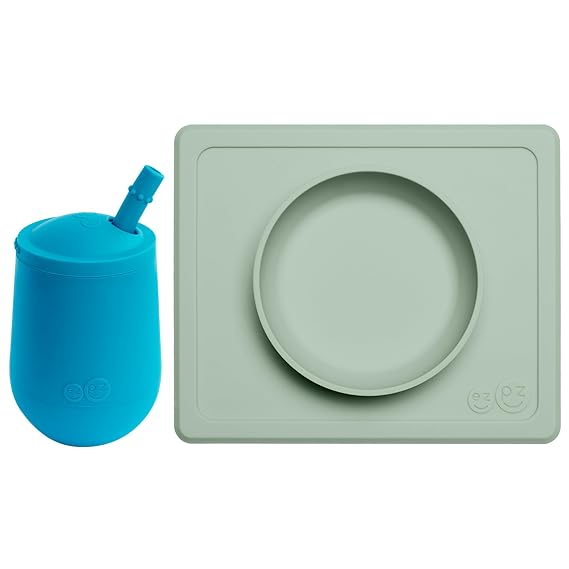 ezpz Mini Bowl (Sage) + Mini Cup + Straw (Blue) - Toddler essentials straw cup and bowl