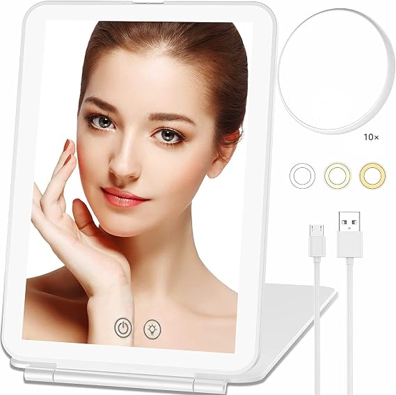Foldable LED Makeup Mirror, Portable Travel Rechargeable Lighted Mirror, 3 Colors Makeup Mirror 72 LED, Dimmable Touch, with 10X Magnification Makeup Mirror, Essential Mirror for Travel(White)