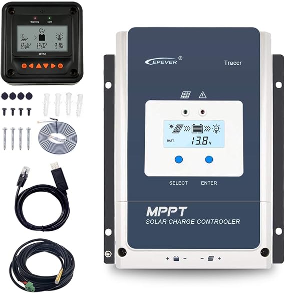 EPEVER 100A MPPT Solar Charge Controller 12V/24V/36V/48V Auto Max 150V Input Negative Ground Solar Panel Charge Regulator with MT50 Remote Meter Temperature Sensor RTS & PC Communication Cable RS485