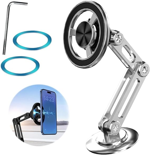 Universal 360 PRO Magnetic Suction Phone Holder Car,Alloy Folding Magnetic Cell Phone Holder for Car [Super Strong Magnet] Bracket Magnetic Dashboard Phone Car Mount for All Smartphone (Silver)