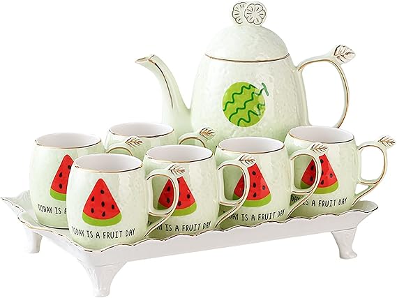 Tea Set,Europe Style Porcelain coffee cup set/teapot Set/tea Cup with Filter，for Tea Lover/Women/Men， 6 ×Cups，1× Teapot, 1×tray(A)