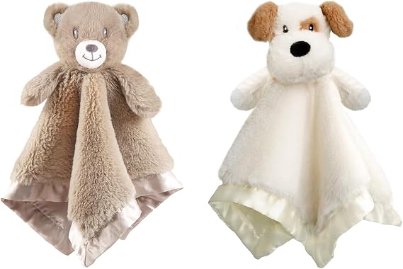 2 Pack Baby Bear+Dog Security Blanket Soft Minky Baby Lovey Animal Plush Blanket Unisex Lovie Gift for Toddler, Boys and Girls, 14 Inch