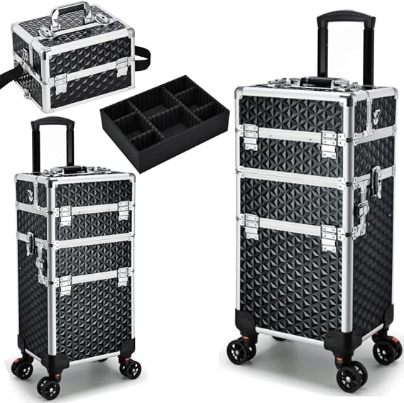 Professional Rolling Makeup Case, 3 in 1 Makeup Train Case, Cosmetology Case on Wheels, Large Makeup Trolley Salon Barber Traveling Trunk Suitcase for Makeup School Nail Tech Hairstylist MUA, Black