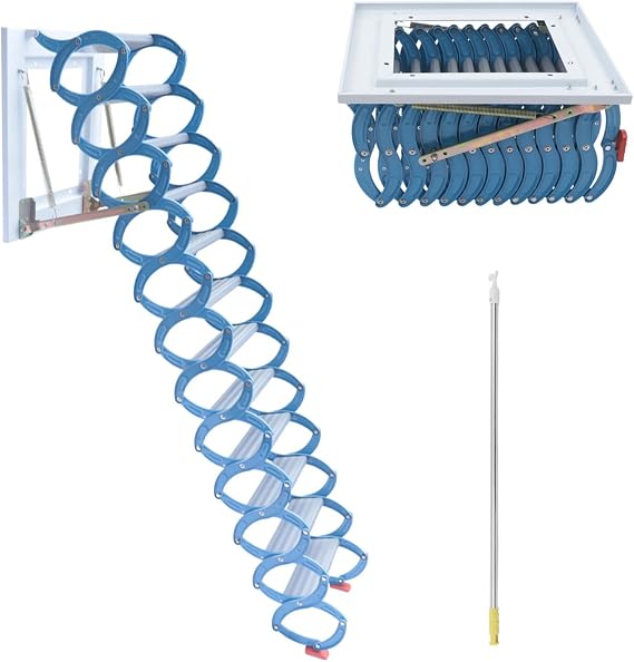 12 Steps Folding Attic Ladder Pull Down System Wall Mounted Folding Attic Stairs Loft Ladder 10.17FT Retractable Collapsible Ladder with Armrests, NOT Suitable for Ceiling (Blue)