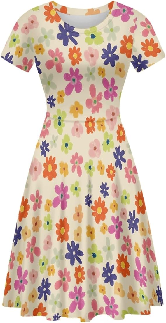 Amzbeauty Women's Short Sleeve Round Neck Casual Summer Dress Soft Breathable A-Line Cut