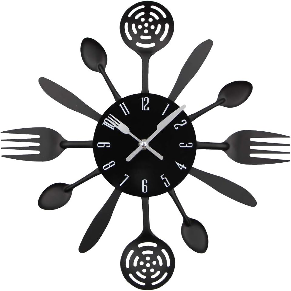 Timelike Kitchen Cutlery Wall Clock with Forks and Spoons for Home Decor Black