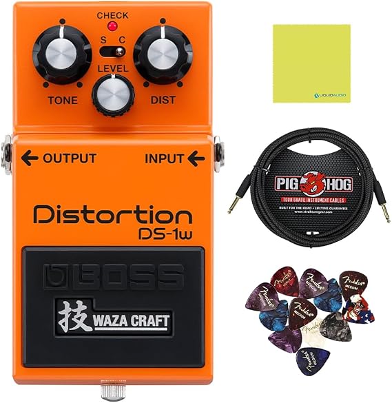 Boss DS-1W Distortion Pedal Bundle | Pig Hog PCH10BK Black Woven Instrument Cable, 12-Pack Guitar Pick, Liquid Audio Polishing Cloth