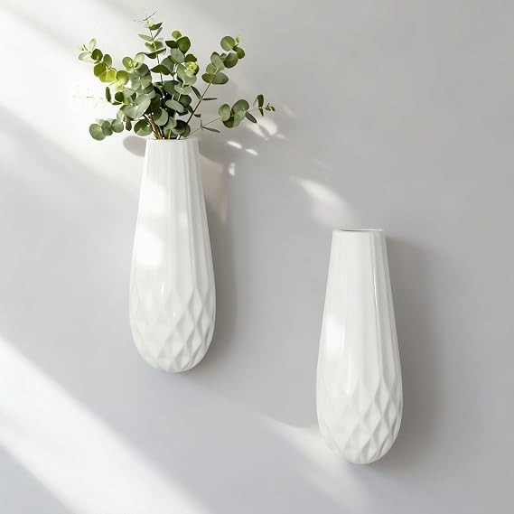 White Ceramic Wall Vases, Set of 2, 7.9 Inch, Geometric Design