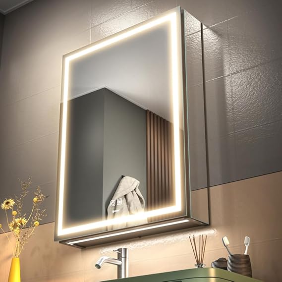 20 * 28 Left Hinge LED Bathroom Mirror Cabinet, Aluminum Medicine Cabinet | Light Adjustable, Sockets & USBs inside, Anti-Fog, Easy to Install