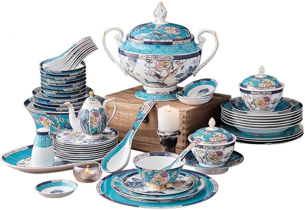 Elegant High-End Dinner Set,Dinnerware Set, 50 Piece Upscale Ceramics Dinner Set - BowlDishSoup Pot | Bone China Porcelain Combination Set for Restaurant Gift