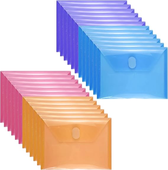 Anseal 24 Pack 5 x 7 Coupon Receipt Check Holder, Small Plastic Envelope with Hoop & Loop Closure, Stamp and Die Storage Pockets for Cutting Dies Stencil Stamp Crafts, 4 Colors