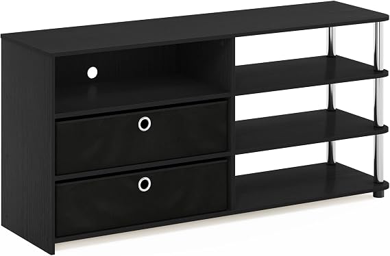 Furinno Jaya Simple Design Stand for TV up to 55-Inch with Bins, Americano/Chrome/Black | Stainless Steel Open Frame Design Entertainment Center, TV Console, for Living Room, Bedroom
