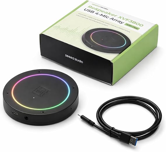 reSpeaker XVF3800 USB Mic Array with Case, 4-Microphone AI Voice Processing, Noise Cancellation & 360 Far-Field Pickup for Raspberry Pi, Jetson & AI Projects