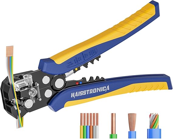 haisstronica 3 in 1 Self-Adjusting Wire Stripper, AWG 24-10 Tool | Alloy Steel Blades, Adjustable Strip Length, Solid and Stranded Conductors, Ergonomic Grip, Electronics Repairs