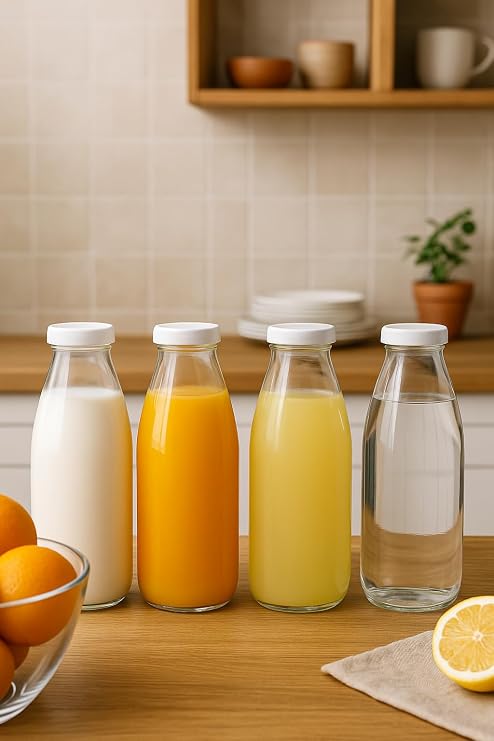 4 Adet Beyaz Plastik Kapaklı Cam Şişe 1 Litre Şeffaf Sürahi Süt, Ayran, Su, Limonata Meşrubat Şişesi