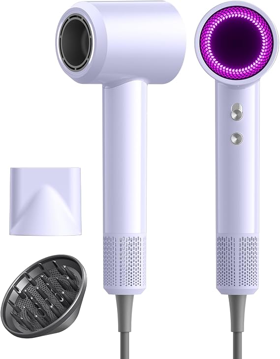 Diffuser Hair Dryer, 500M Negative Ion Blow Dryer for Women (Purple) | Compact Ionic Hair Dryer With Fast Drying Motor, Magnetic Attachments, Quiet Operation for Home, Travel and Daily Styling