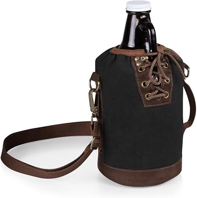 LEGACY - a Picnic Time brand Canvas Lace-up Insulated Growler Tote, Black with Brown Accents