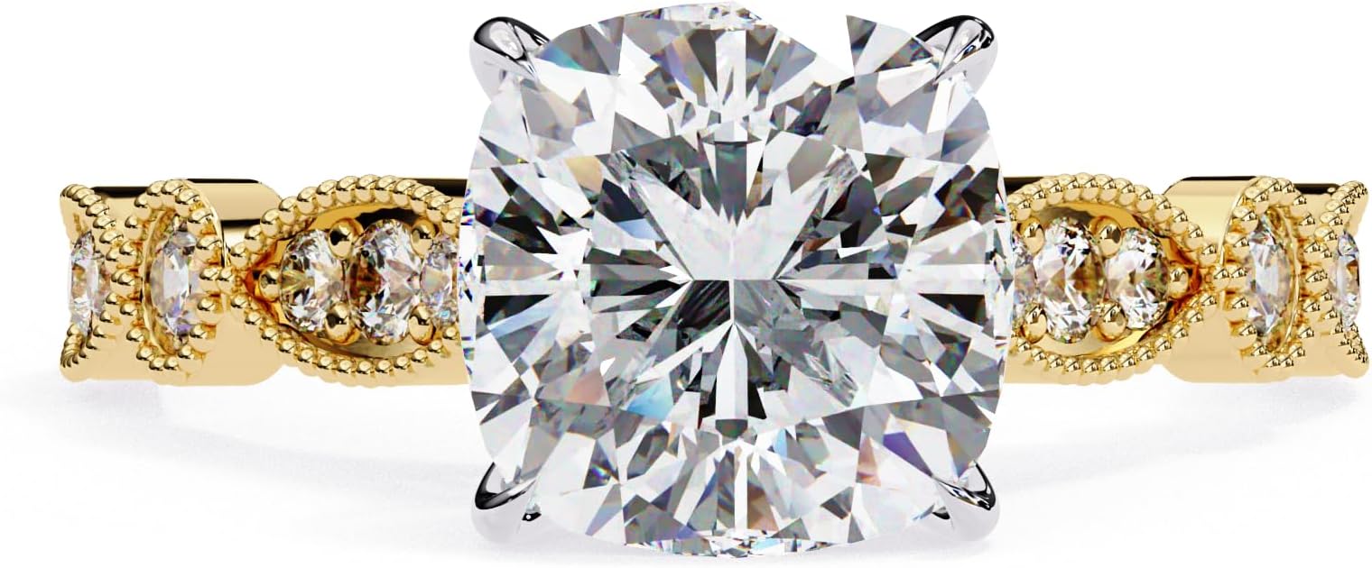 IGI Certified Cushion Cut Lab Diamond Ring for Women with Pave & Milgrain Detail Band 10K, 14K and 18K White, Yellow & Rose Gold, 2 to 10-Carat TW, E-F Color, VVS-VS Clarity (Ring Size-4.5 to 10.5)