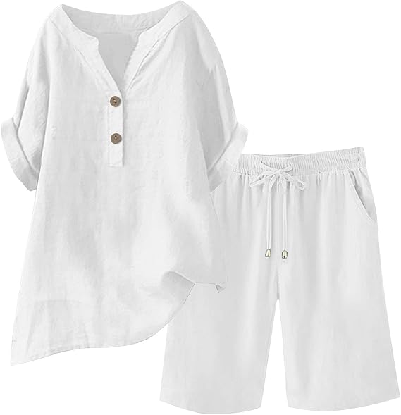 Sets For Women 2 Piece Short Sleeve Shirts & Wide Leg Shorts Loose Fit Casual Cotton Linen Sets Outfits