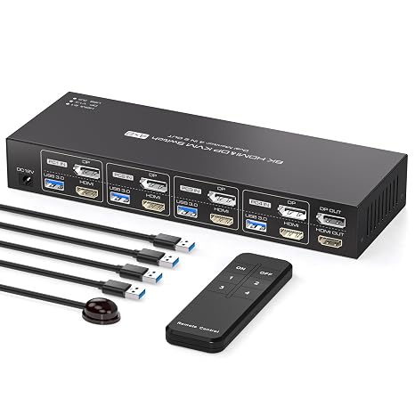 KVM Switch 2 Monitors 4 Computers Displayport and HDMI 8K60Hz 4 Port Dual Monitor KVM Switch Support Extended/Copy Mode with Controller