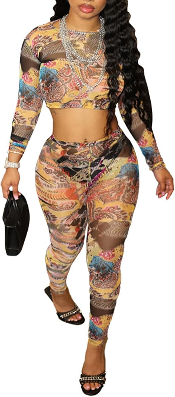 Molilove Women's Sexy 2 Piece Outfits Long Sleeve Crop Top and Legging Pant Sets Floral Print Tracksuits Club Outfits