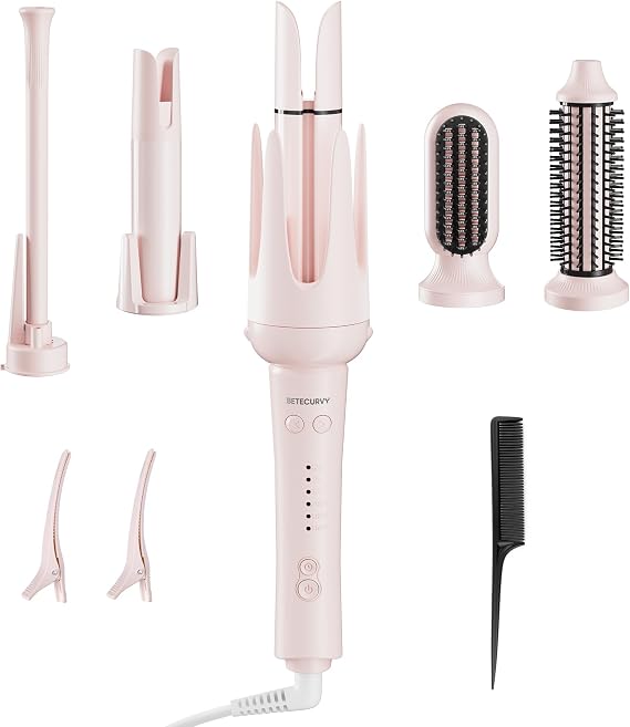 5 in 1 Automatic Curling Iron Set with Interchangeable Ceramic Barrels, Straightening & Volumizing Brush, 3 Temp & Timer, Fast Heating Dual Voltage 0.5/1/1.25 Inch Set