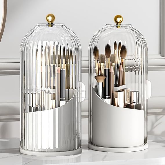 Makeup Brush Holder Organizer with Clear Lid 360 Rotating Sliding Opening Dustproof Brushes Container for Vanity