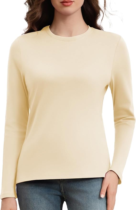 Cotton Long Sleeve Shirts for Women Crew Neck Tee Tshirts Casual Plain Basic Fall Tops Loose Fit