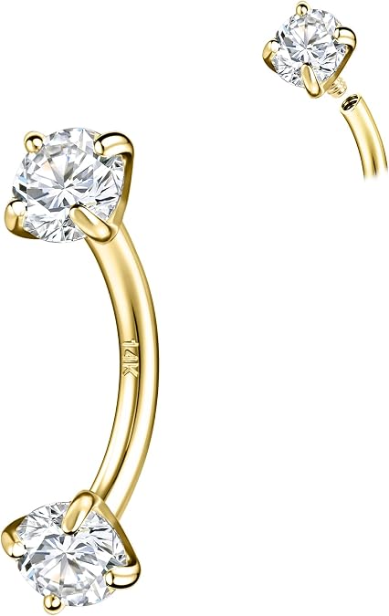 14K Real Gold Eyebrow Rings, 16G Internal Thread Rook Piercing Jewelry, Diamond CZ - 3MM, Solid Gold Belly Rings Eyebrow Piercing Jewelry for Women