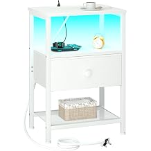 LOAKEKEL Bedside Table with Charging Station, Small Sofa Side Table with LED Light, Bedside Cabinet with Fabric Drawer and Open Storage Shelf, Nightstand for Living Room, Bedroom, White UHETS01WT-1