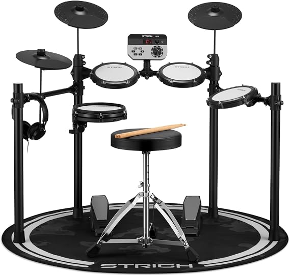 STRICH Electric Drum Set, Foldable Electric Drum Kit with 8" Dual-Zone Mesh Snare, USB MIDI, Drumsticks, Drum Throne, Headphones & Drum Mat for Beginners and Home Practic, SED-T02