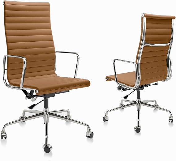 Ribbed Office Chair with Top Grain Leather - High Back Ergonomic Desk Chair with Aluminum Arm Rest and 5-Star Base, Swivel Chairs Light Brown
