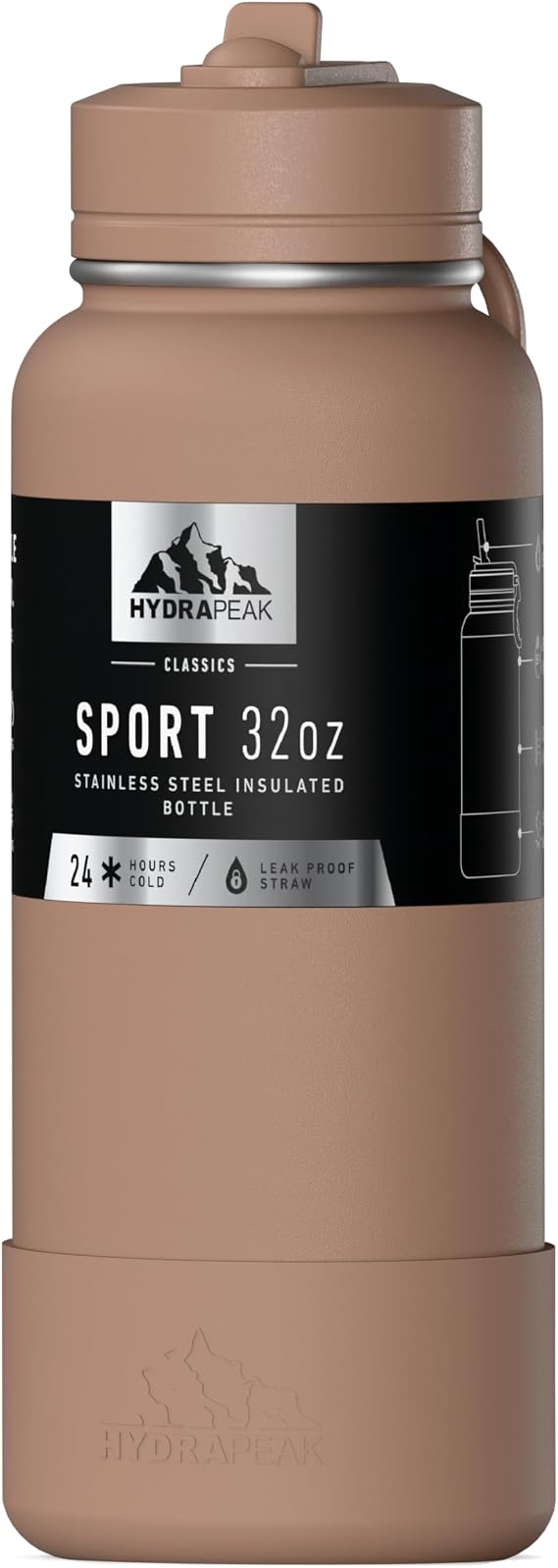 Hydrapeak 32oz Sport Insulated Water Bottle with Straw Lid, Leak & Spill Proof, Keeps Drinks Cold for 24 Hours, Hot for 12 Hours, Premium Stainless Steel Water Bottles (32oz, Almond)