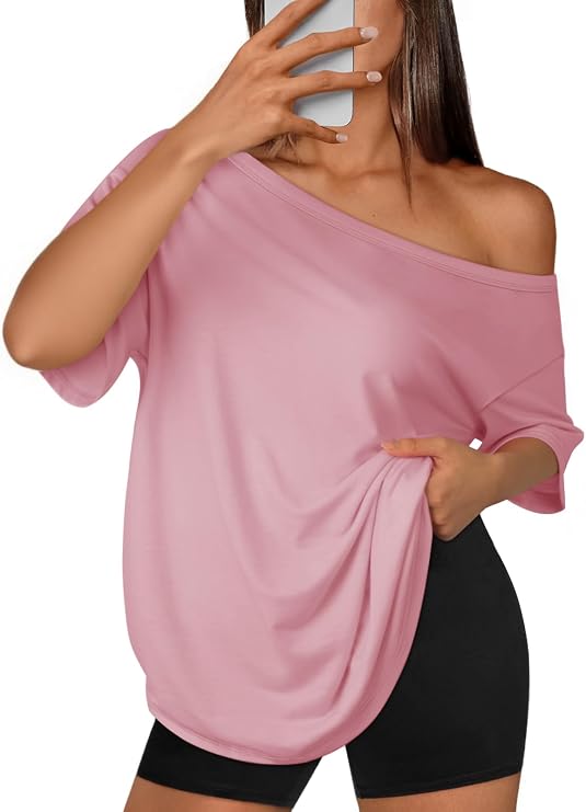 ATHMILE Off The Shoulder Tops for Women 2026 Y2K Loose Fit Tops Oversized Tshirts Fashion Going Out Outfits Casual Basic Tees