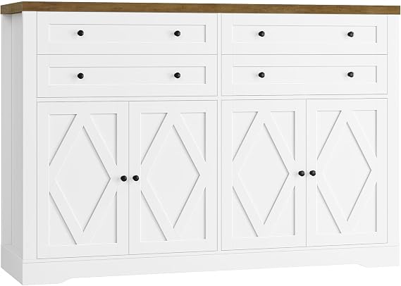 HOSTACK 55"W Kitchen Buffet Sideboard Cabinet with 4 Storage Drawers, White