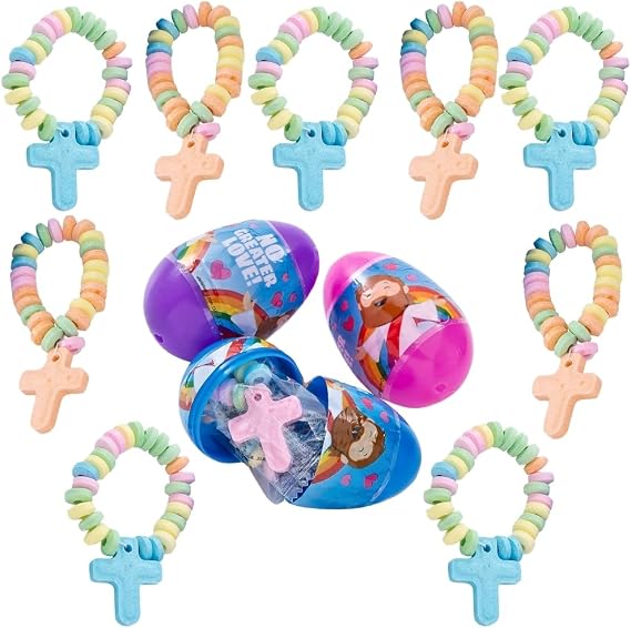 Fun Express Prefilled Easter Eggs Religious - 24 Christian Cross Candy Bracelets for Church Easter Egg Hunt Supplies | Jesus Themed Party Favors for Kids Sunday School & Faith-Based Celebrations
