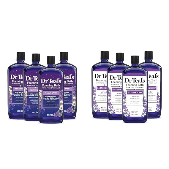 Dr Teal's Foaming Bath Bundles with Pure Epsom Salt, Sleep Blend with Melatonin, Lavender & Chamomile Essential Oils, 34 fl oz (Pack of 4) and Soothe & Sleep with Lavender, 34 fl oz (Pack of 4)