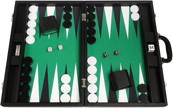 19-inch Premium Backgammon Set - Large Size - Black Board, Green Playing Surface, Black and White Points