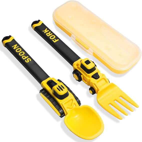Digger Toddler Cutlery Set, Construction Fork and Spoon, Yellow