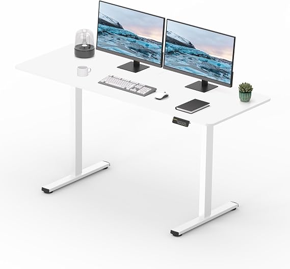 Electric Standing Desk 140x60cm Height Adjustable Standing Desk Sit Stand Desk Adjustable Desk Stand Up Desk With Smart Pannel for Home Office (White Frame+ White Desktop)