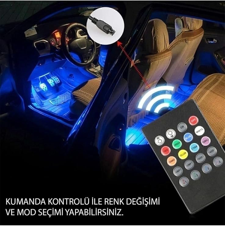 DUFFA Premium RGB Araç İçi Atmosfer LED Aydınlatma Seti - Sese Duyarlı Müzik Ritimli Araba Ayak Altı LED Şerit, Çakmaklık Girişli ve Uzaktan Kumandalı Çok Renkli Oto Aksesuar (4 Hatlı)