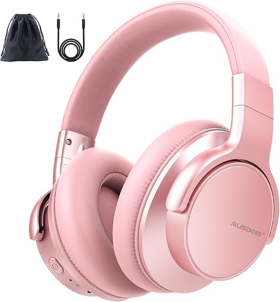 AUSDOM E7 Bluetooth Active Noise Cancelling Headphones, Wireless Over Ear ANC with Microphone, Hi-Fi Stereo Sound, 50H Playtime, Comfortable Earpads for Travel Work TV Phones, Rose Gold