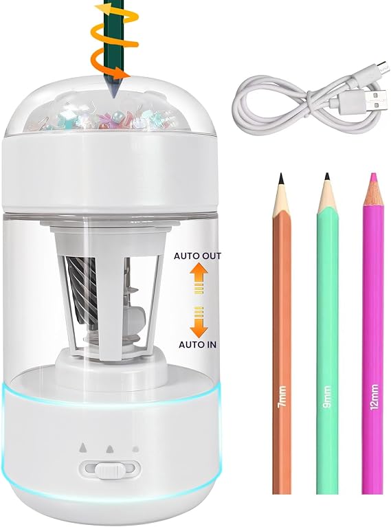 Electric Pencil Sharpener(6-8mm), Fully Automatic Colored Pencil Sharpener for Kids with Auto in & Out Rechargeable Sharpener for Classroom//Office/Home Kids Gift